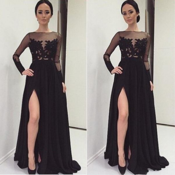 black half lace floor length slit dress