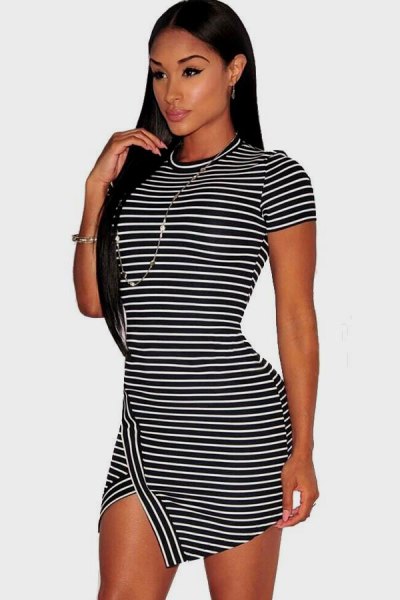 black and white striped short sleeve mini bodycon dress