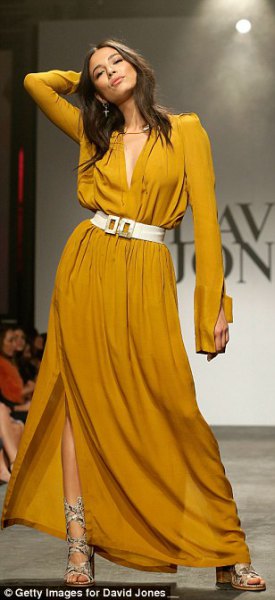 long sleeve mustard maxi dress with white wide belt