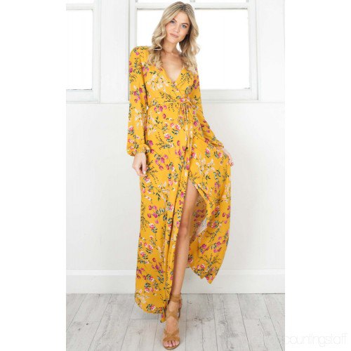 mustard yellow floral printed high split long dress