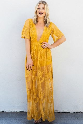 yellow short-sleeved deep v-neck printed long dress