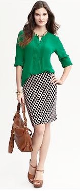 green chiffon blouse with checkered pencil skirt
