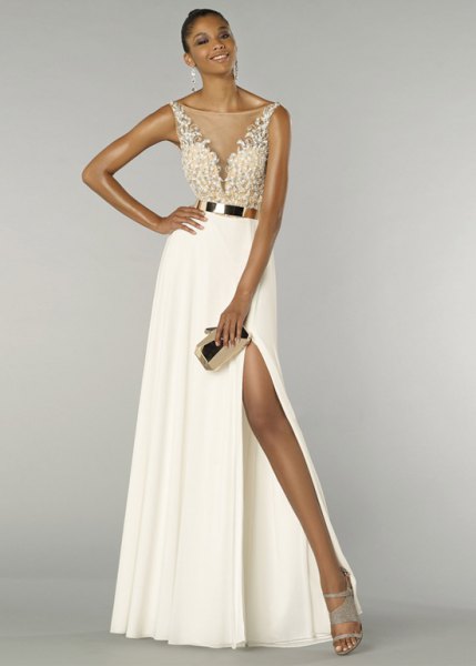 white two toned maxi belt high split dress