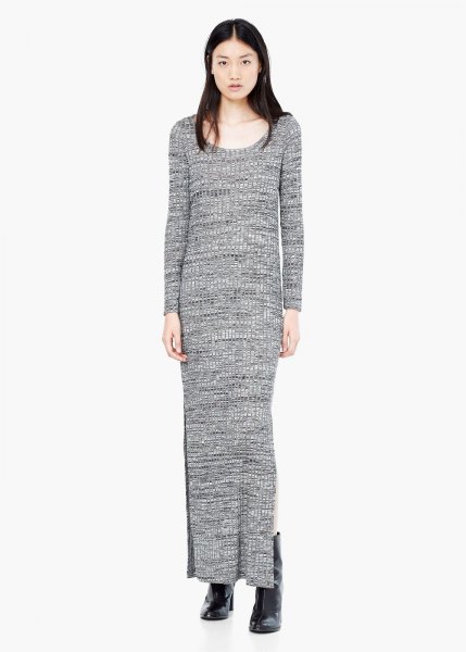 gray maxi shift knit sweater dress with boots