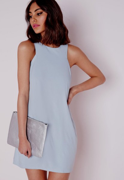 sky blue chiffon mini dress with silver matte bag