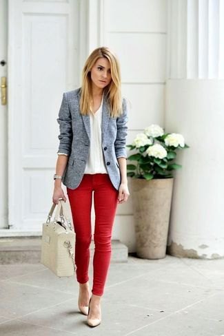Heather gray blazer with white v-neck sweater and red jeans