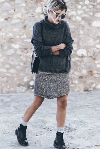 sweater neck sweater with light heather gray mini skirt