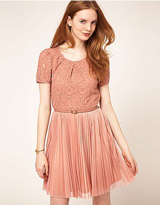 peach two toned short sleeves lace and chiffon pleated mini skater dress