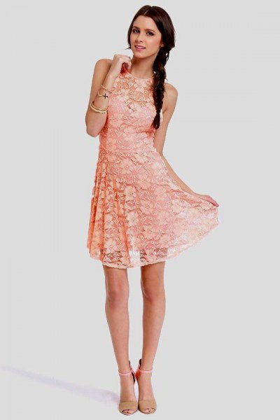 peach sleeveless lace fit and flare mini dress with pink pink heels