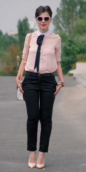 light pink round white collar blouse with black cropped chinos