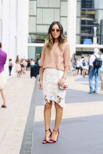 crochet half-heated blouse with white midi lace skirt