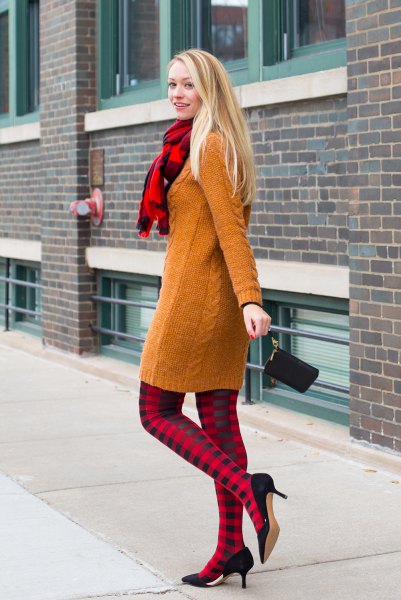 cable knit sweater with red and black checkered leggings