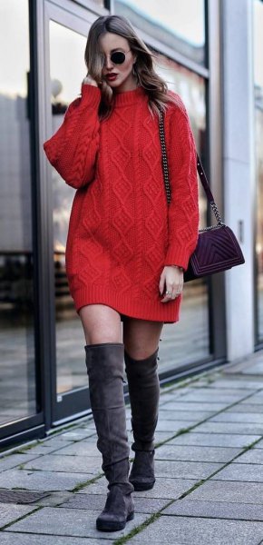 red knitted sweater with gray thigh high boots