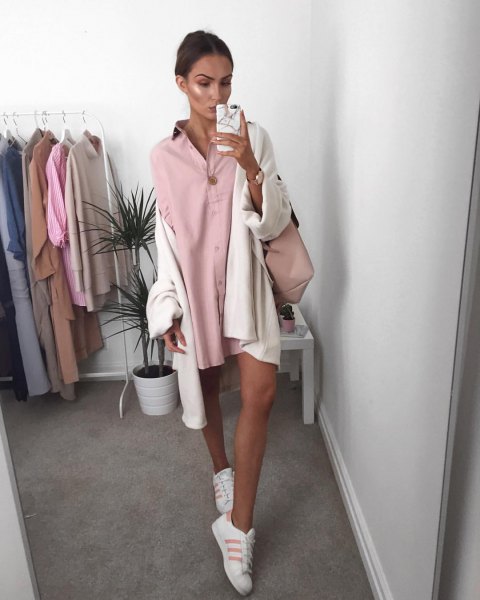 mini pink button dress with white oversized cardigan