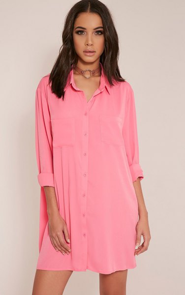 pink mini button shirt dress with brown boho style choker