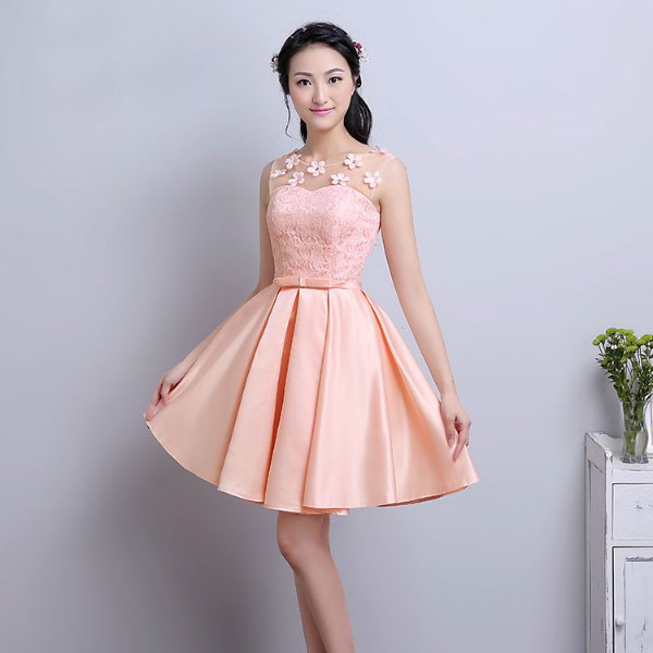 peach two toned fit and flare lace and knee length dress in silk