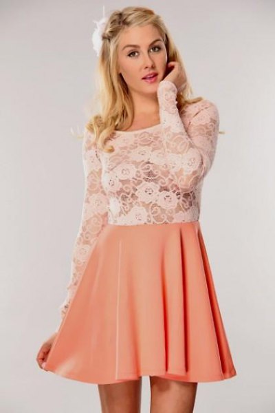 white and peach two toned lace and chiffon dress