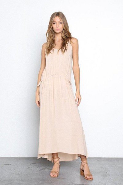 peach maxi tank top dress with gladiator sandals