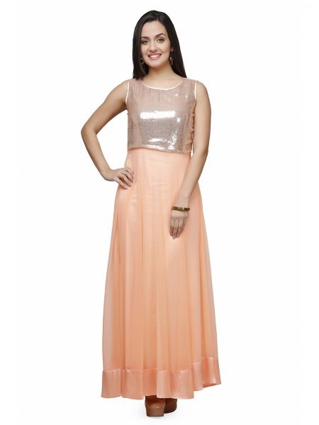 silver and peach maxi two toned shiny long dress