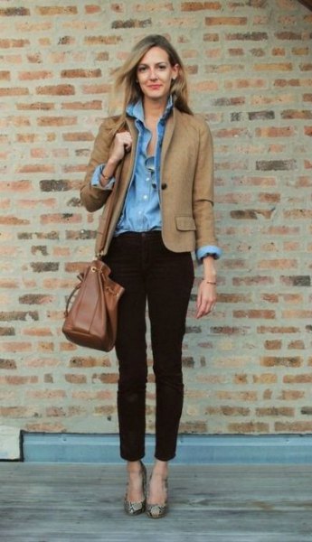 camel blazer with blue chambray button up shirt and black chinos