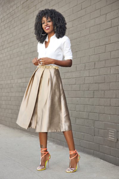 white button up shirt with pink gold midi blasted skirt