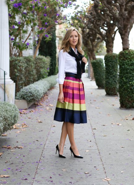 white button up shirt with midi skirt in color pad