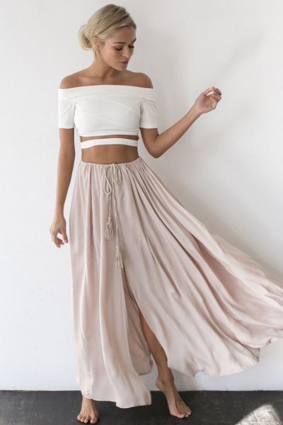 white from the shoulder crop with light gray long flowing skirt
