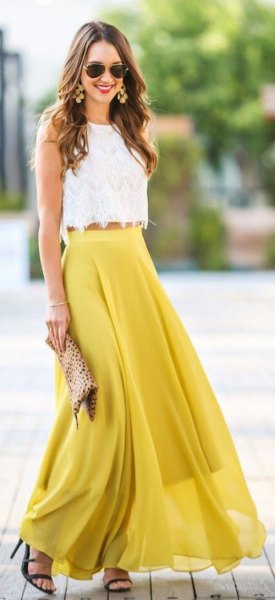 white peeled top in the harvest with mustard yellow maxi flowing skirt