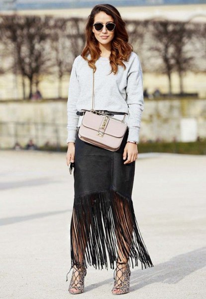 gray sweater with black maxi skirt and buttoned heels