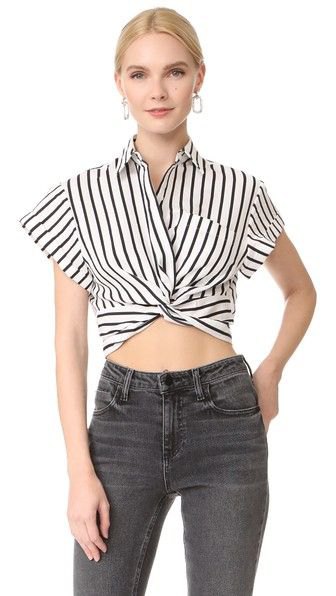 black and white cap sleeve cropped front with gray jeans