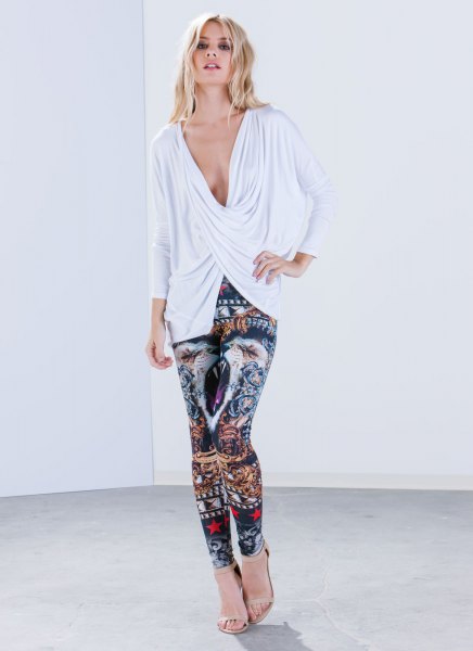 white deep v-long long sleeve twist at the front with leg press leggings