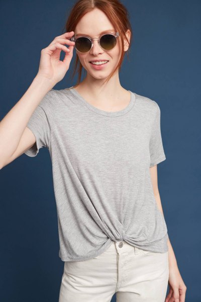 gray twist front t-shirt with white jeans