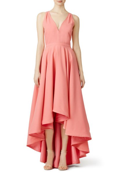 pink pink v-neck cocktail dress with low maxi