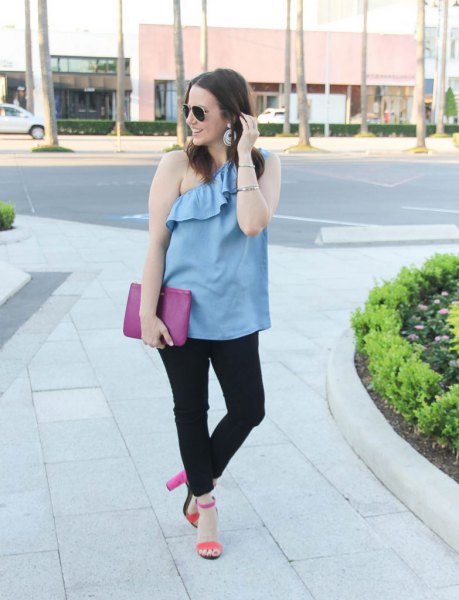 sky blue ruffle a shoulder top with black jeans