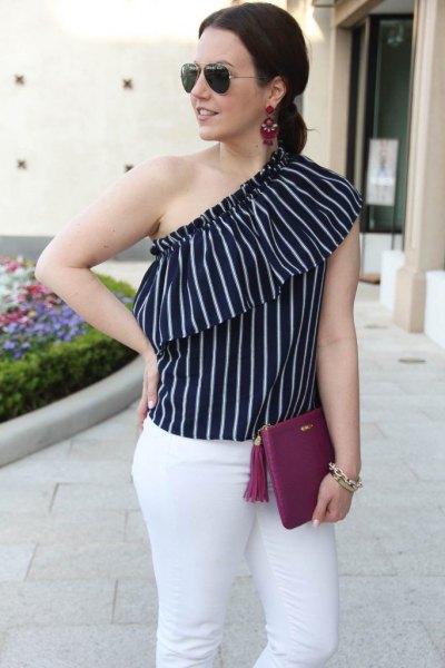 black and white vertical striped one shoulder sleeveless blouse
