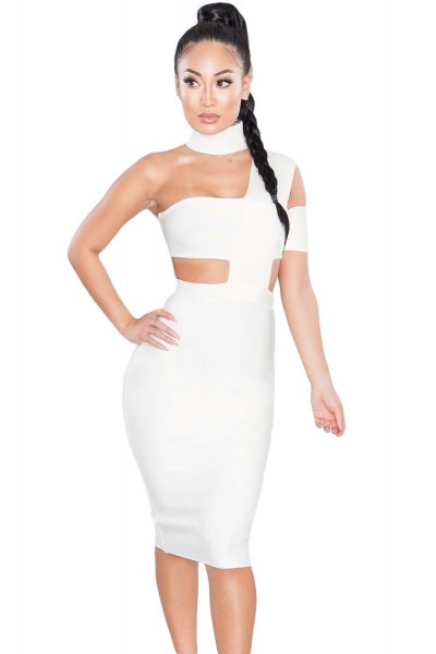 white cutout midi bandage dress with matching heels