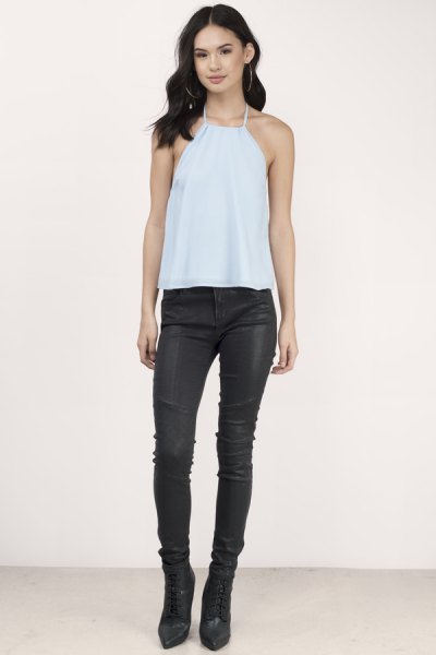 sky blue halter top with black leather pants