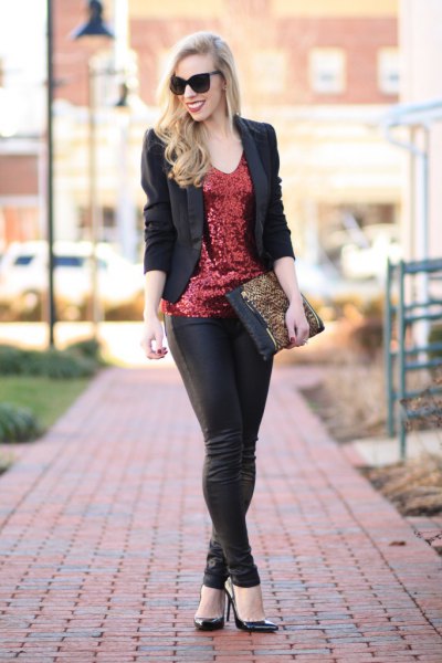 bronze sequin case with black blazer and leather leggings