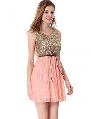 gold sequin with top blue pink mini chiffon pleated skirt