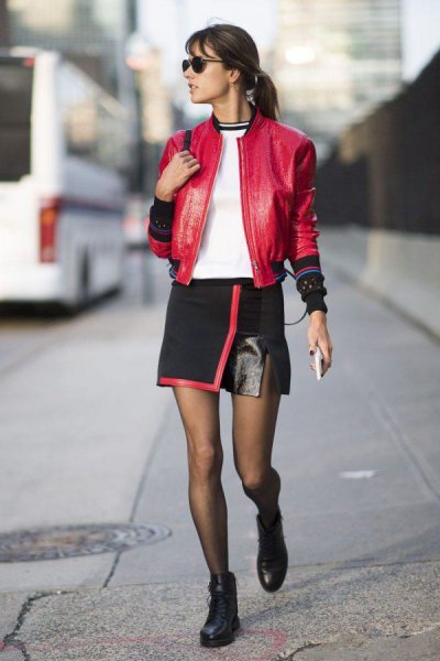 red leather bomber jacket with black wrap mini skirt