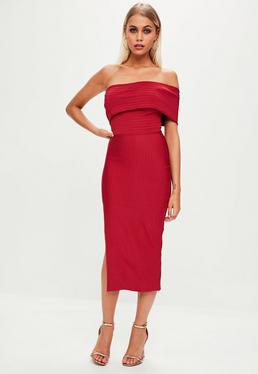 red of midi dress with shoulder