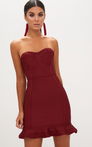 Burgundy strapless fit and flare mini ruffle dress