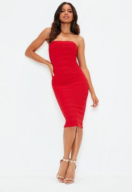 bright red bandage midi dress with white heels