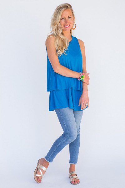 sky blue frayed tunic with top in soft jeans