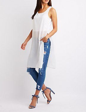 white chiffon semi sheer long tank top with ripped jeans