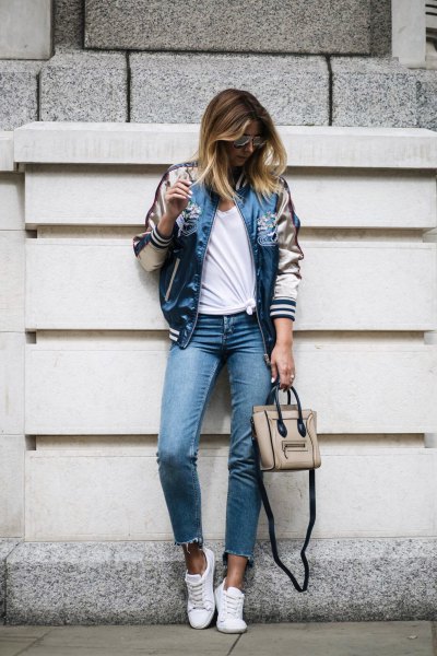 light pink and blue satin jacket with cropped slim jeans