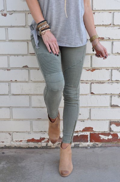 gray t-shirt with matching moto skinny jeans