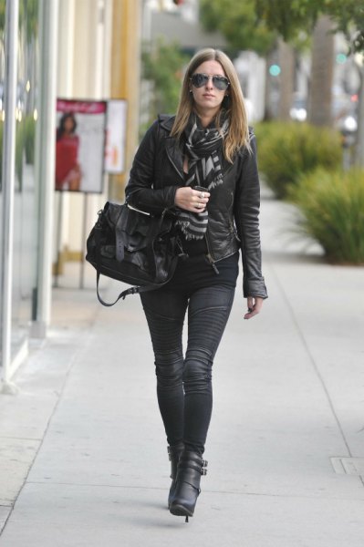 leather jacket with scarf and black moto-jeans