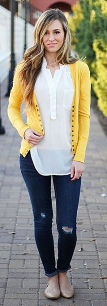 light yellow cardigan with white half pure chiffon blouse
