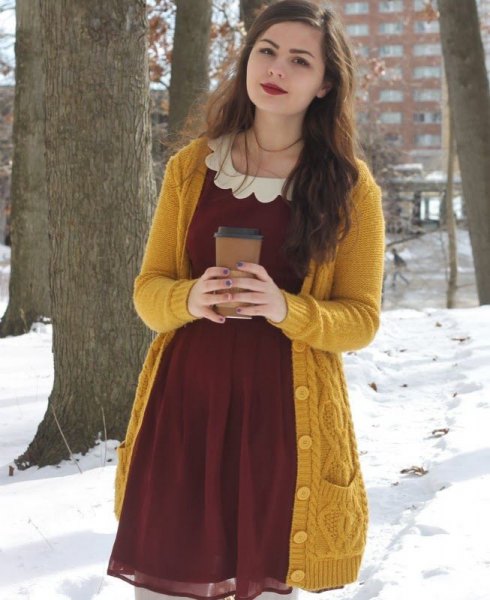 cable knit long sweater with burgundy chiffon flared mini dress